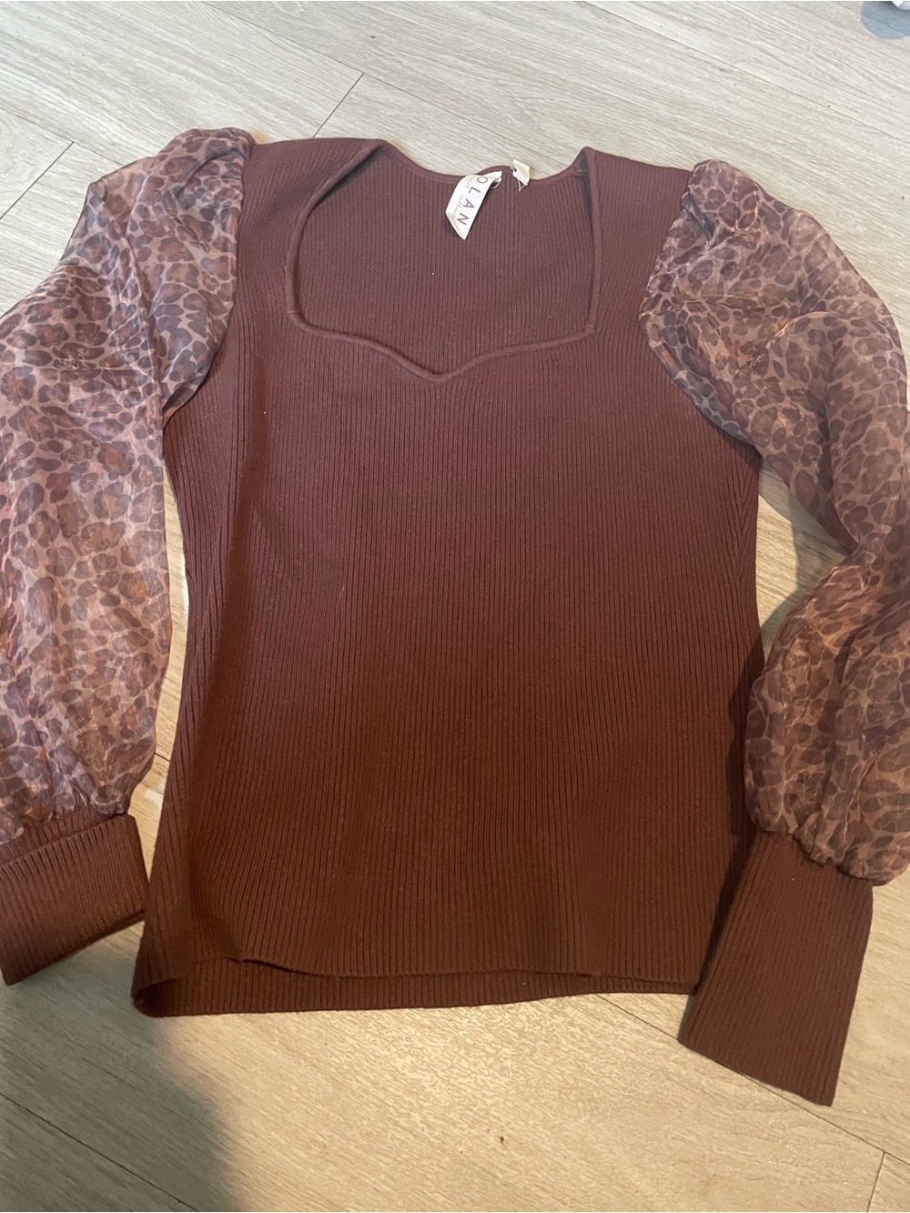 dolan Brown Rib Knit Top with Sheer Animal-Print Puff Sleeves